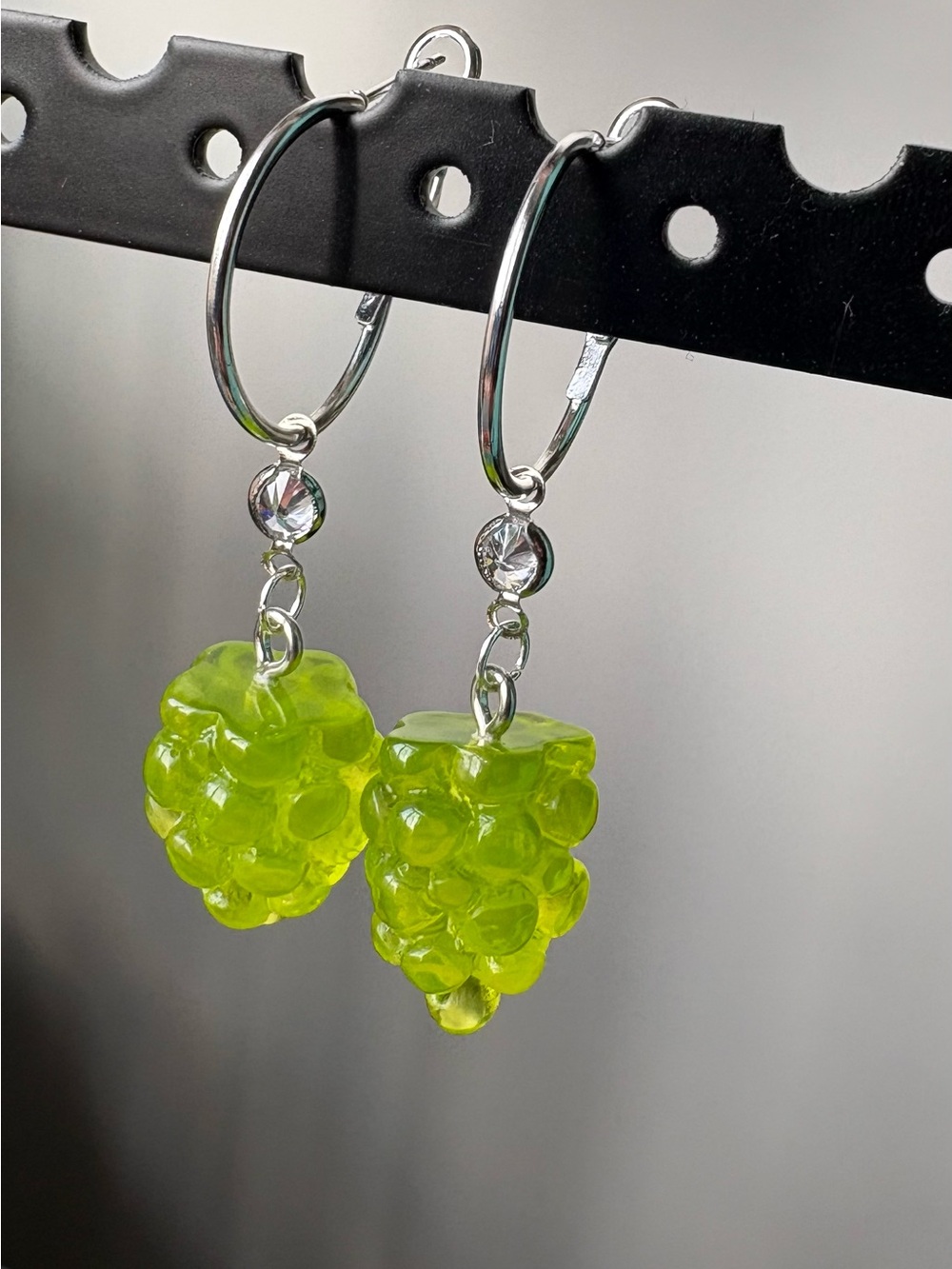 Silver Hoop Earrings with Green Grapes